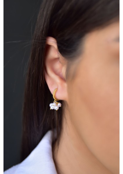 925 Ayar Gümüş Gold Kaplama İnci Taneli Halka Küpe modelleri