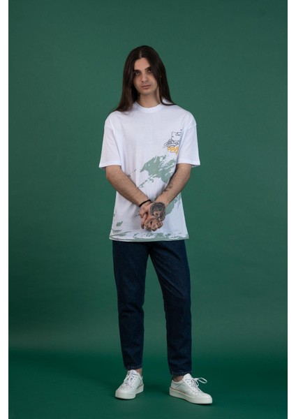 Oversize Baskılı Sıfır Yaka Erkek Penye T-Shirt