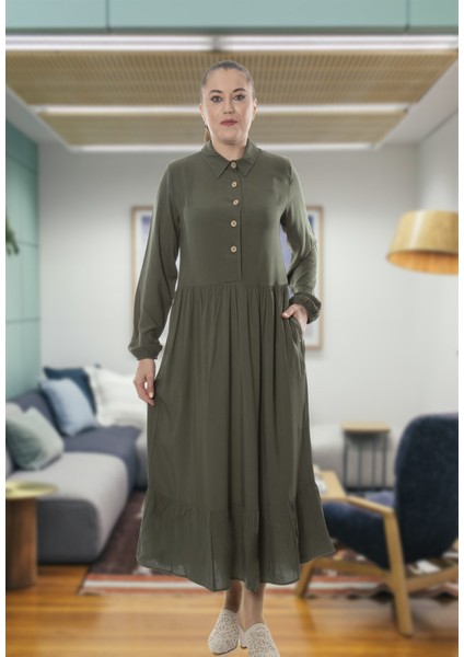 Kolları Büzgülü Düğme Detay Haki Midi Elbise