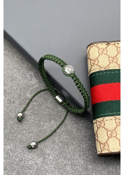 Swarovski Taşlı Yeşil Renkli Ayarlanabilir Makrome Erkek Bileklik FRJ11532-1632-Y