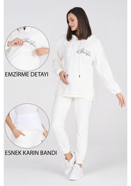 Hamile Emzirme Detaylı Baskılı Eşofman Takımı Beyaz