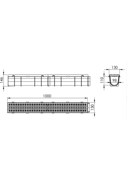 Lux Wares 130 x 95 x 1000 mm Drenaj Kanalı / Havuz Izgarası / Plastik Izgara + Oluk + Tapa