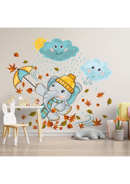 Şemsiyeli Sevimli Fil Çocuk Odası Duvar Sticker