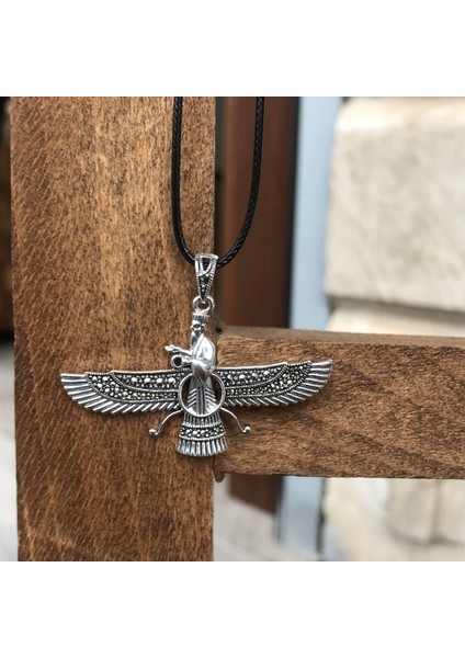 Markazit Taşlı Büyük Boy Unisex Ahura Mazda Gümüş Kolye