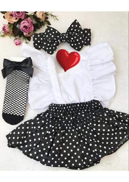 Kız Bebek Puantiye Tulum Bandana ve Çorap Seti