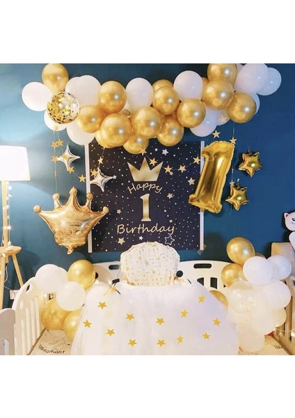Kral Taçlı 1 Yaş Gold Zincir Balon Doğum Günü Seti