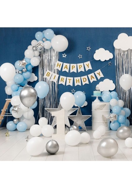 Mavi-Gri- Beyaz Doğum Günü Seti