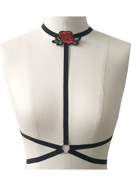 Gül Nakış Choker Bandaj Bralet - Siyah