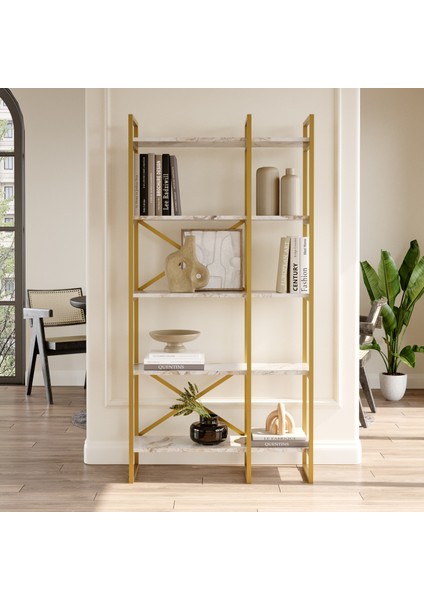 Voyage Gold Metal Mermer Desen 5 Raflı 2 Bölme Kitaplık 175 cm Vg4-Ge