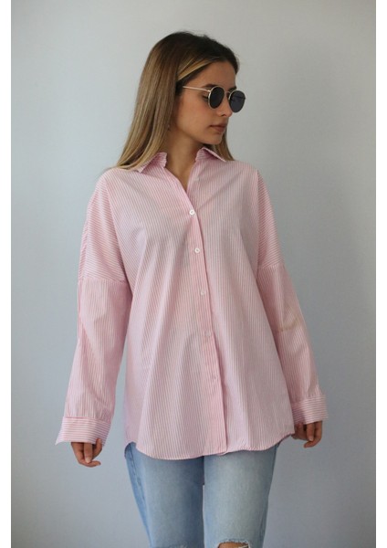 Mor Çizgili Over Fit Gömlek MG1525