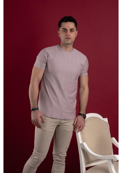 Slimfit Kendinden Desenli Erkek Penye T-Shirt