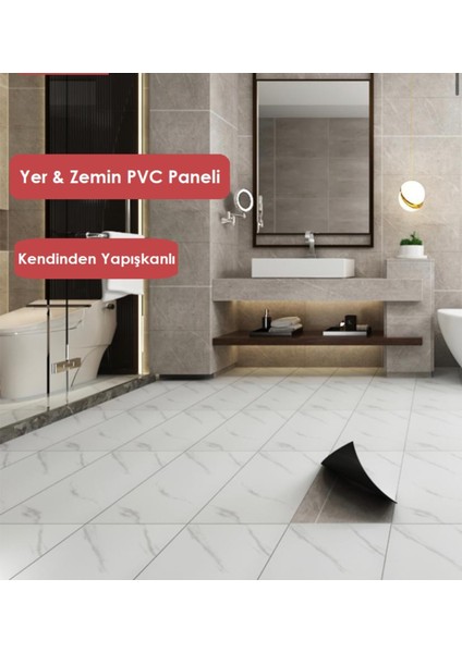 60-30 cm Beyaz Mermer Desen Yapışkanlı Yer Duvar Pvc Döşeme Panel