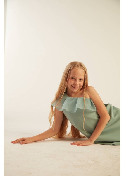 Kız Çocuk Fırfırlı Tek Omuz Elbise (Mint) indirimleri