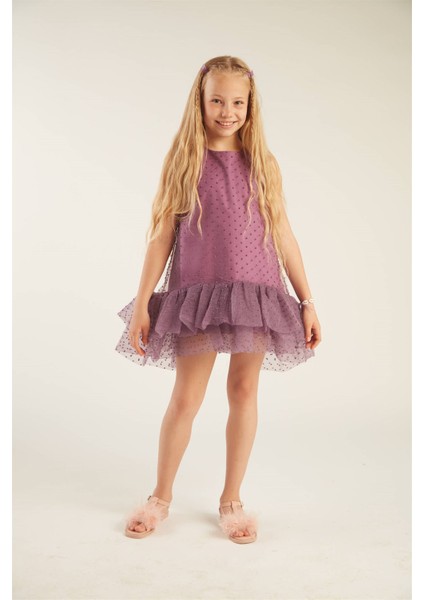Kız Çocuk Fırfırlı Ponpon Elbise (Mor)