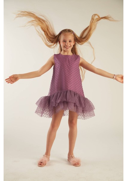 Kız Çocuk Fırfırlı Ponpon Elbise (Mor) fiyatları