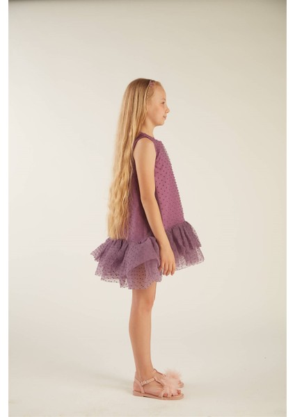 Kız Çocuk Fırfırlı Ponpon Elbise (Mor) modelleri