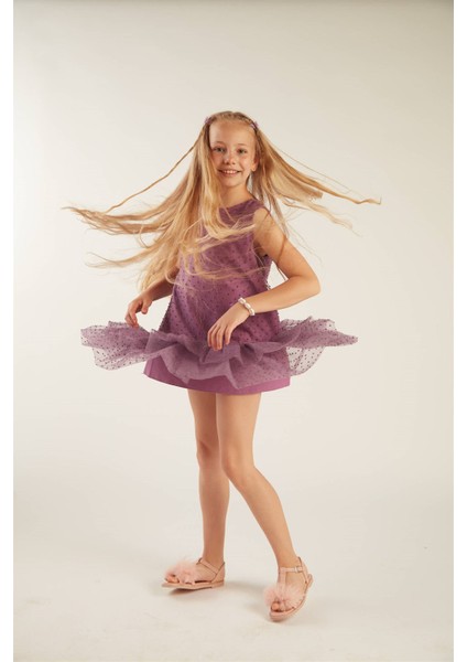 Kız Çocuk Fırfırlı Ponpon Elbise (Mor) fırsatları