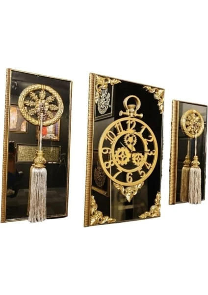 Aynalı Duvar Saati, 3'lü Gold Saat, Çerçeveli Saat Takımı, Hediye, Wall Clock, Püsküllü Saat, 38GMB