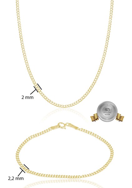 925 Ayar Gümüş Gold Kaplama Gurmet Zincir Kolye Bileklik Set VES8503G55