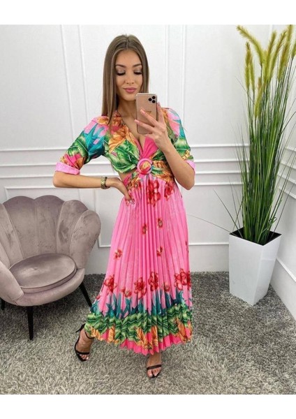 Krep Kumaş Kemer Detay Elbise Pembe