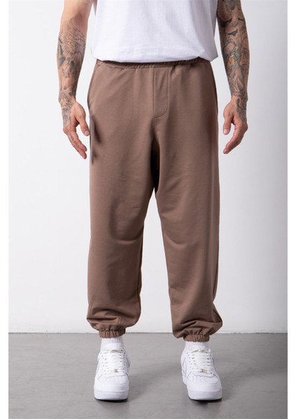 Oversize Basic Bel Paça Lastikli 3 Cepli Jogger Eşofman Altı Kahve
