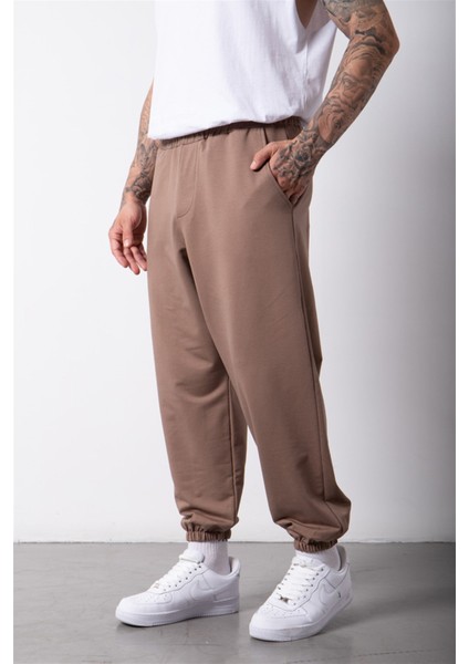 Oversize Basic Bel Paça Lastikli 3 Cepli Jogger Eşofman Altı Kahve