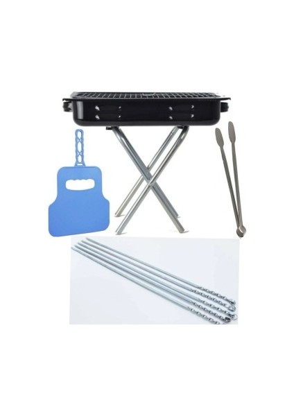 Seyyar Ayaklı Emaye Mangal + 6 Adet Şiş + Yelpaze + Maşa 50X35