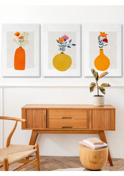 Bohem Kır Çiçekleri Kanvas Duvar Tablosu 3'lü Tablo Seti 40X55CM Minimal Floral Canvas