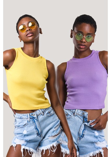 Kadın Halter Yaka Fitilli 2'li Paket Crop Bluz