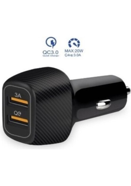 Araç Içi Şarj Cihazı 3.0A Quick Charge Fast 20W Süper Hızlı 2 USB Çıkışlı Çakmaklık