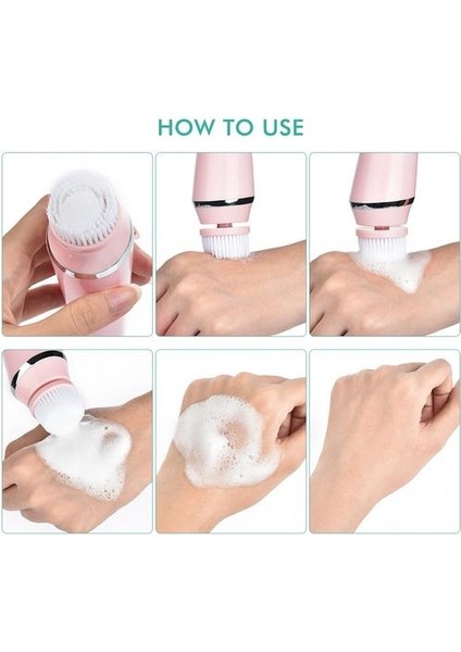 Elektrik 4in1 Yüz Temizleme Fırça Sonic Blackhead Peeling Silikon Yüz Temizleyici Cilt Sıkma Masaj Home Spa Cilt Bakımı | Elektrikli Yüz Temizleme Cihazları (Pembe)
