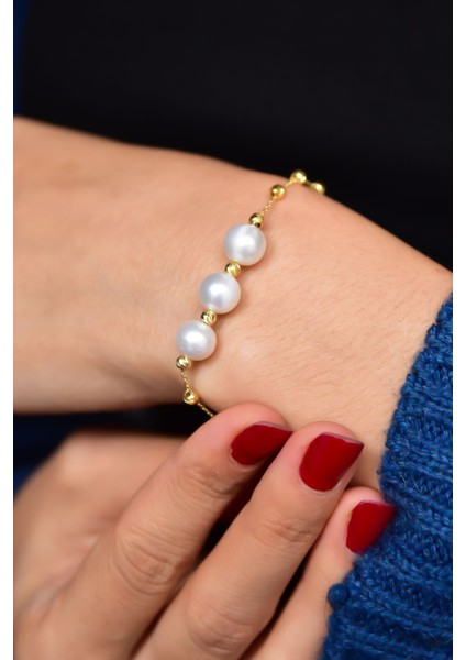 925 Ayar Gümüş Altın Kaplama Dorika Toplu İncili Bileklik