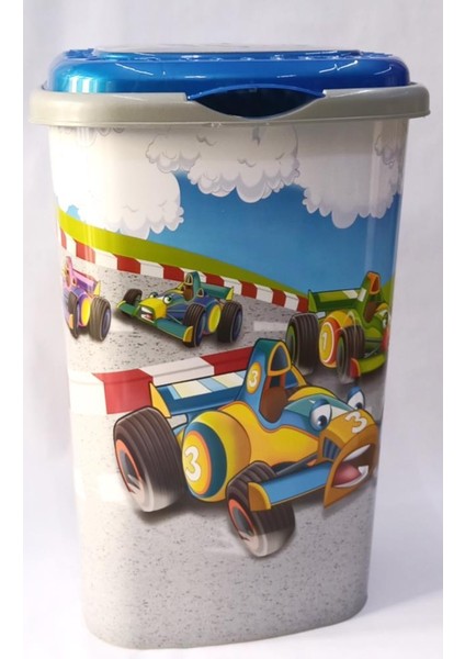 Mavi Yarış Araba Desenli 50 Litre Kapaklı Çamaşır Oyuncak Sepeti Büyük Boy Plastik Gövde Sağlam Kutu