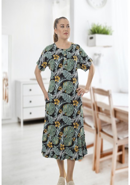 Kısa Kollu Bisiklet Yaka Düğme ve Fırfır Detaylı Yeşil Elbise