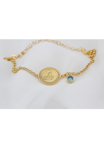 Kişiye Özel Gümüş Doğum Taşlı Plaka Harf Bileklik