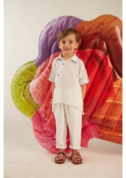 Erkek Çocuk Ikili Takım (Şile Bezi Asimetrik Gömlek - Keten Pantolon) - Beyaz fiyatları