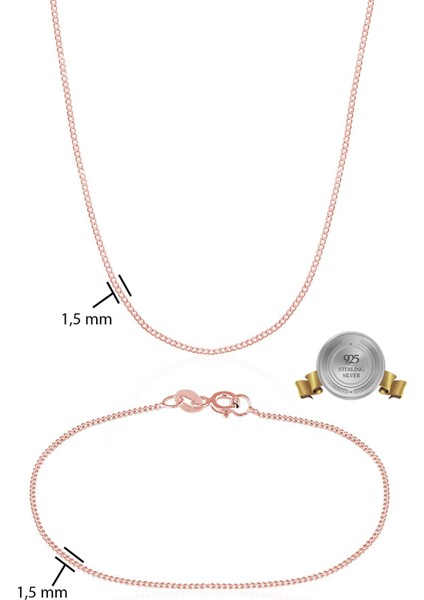 925 Ayar Gümüş Rose Kaplama Gurmet Zincir Kolye Bileklik Set VES8504R50