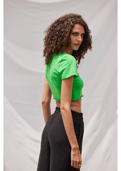 V Yaka Crop Top Yeşil