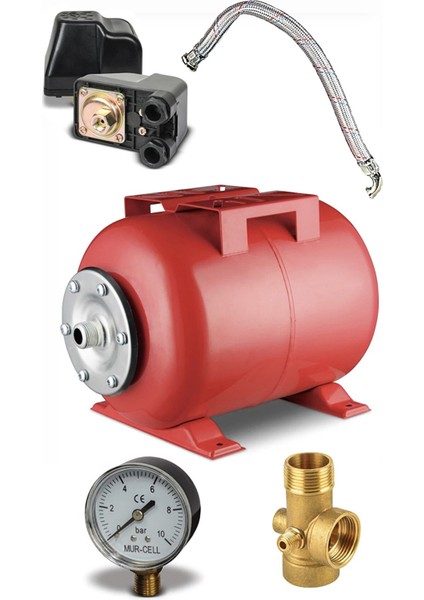 Set 50 Lt Yatay Hidrofor Genleşme Tankı -Manometre Duru Şalter Beşyol 70CM Flex Hortum SC-50SET