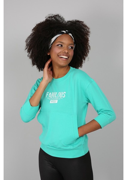 Baskılı Kanguru Cepli Yarım Kollu Sweatshirt