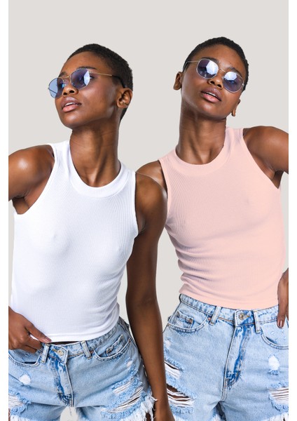 Kadın Halter Yaka Fitilli 2'li Paket Crop Bluz