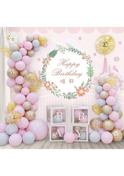 Makaron Pembe Pastel Gri Krom Gold Gold Konfetili Şeffaf Balon Zincir Set
