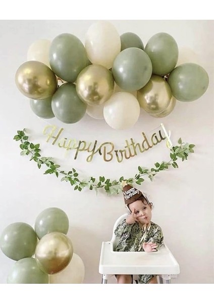 Küf Yeşili Krom Gold Deniz Kumu Balon Gold Happy Bırthday Kaligrafi Banner Mini Zincir Set