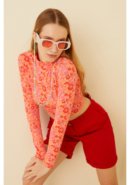 Kadın Pembe Kır Çiçeği Desenli Uzun Kol Crop Bluz
