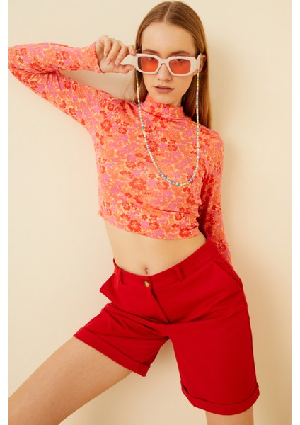 Kadın Pembe Kır Çiçeği Desenli Uzun Kol Crop Bluz fiyatları