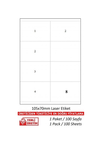 A1ETIKET TW-2208 Ebat 105 x 70 Lazer Etiket  1 A4 Sayfada 8 Etiket