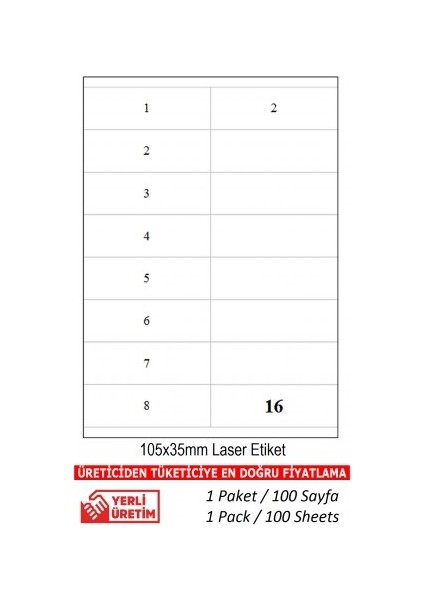 A1ETIKET TW-2216 100 A4 Lazer Etiket 105 x 35 mm 1 A4 Sayfada 16 Etiket