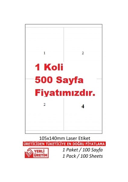A1-2304 500 A4 Lazer Etiket 105 × 140 mm 1 A4 Sayfada 4 Etiket