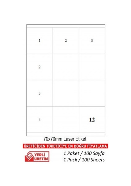 Etiket TW-2312 500 A4 Sayfa  Lazer Etiket 70 x 70 mm 1 A4 Sayfada 12 Etiket