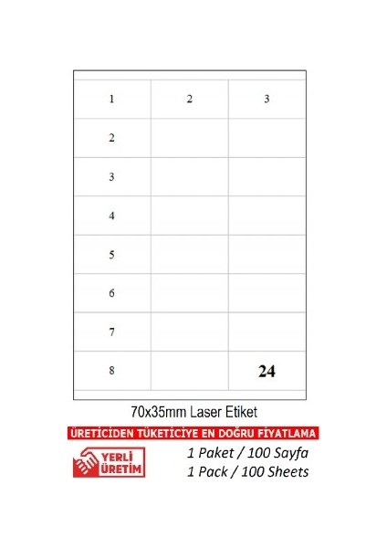 Etiket TW-2324 500 A4 Sayfa Lazer Etiket 70 x 35 mm A4 Sayfada 24 Etiket